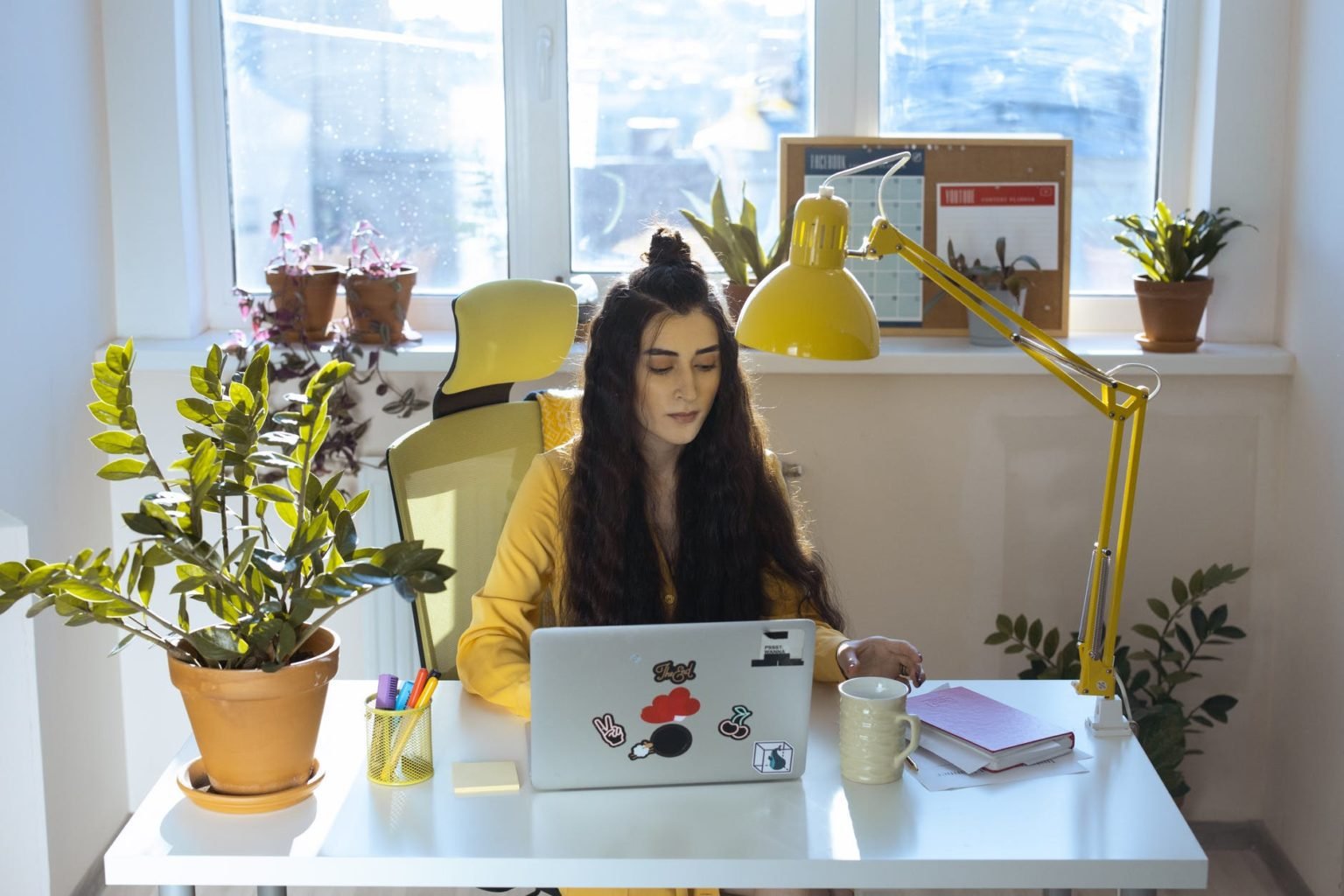 Marketing professional working at a laptop in a bright studio